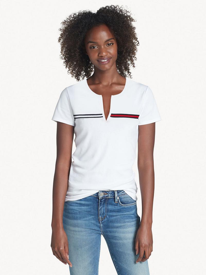 Női Tommy Hilfiger Essential Split-Neck Póló Fehér | HU 451RVD